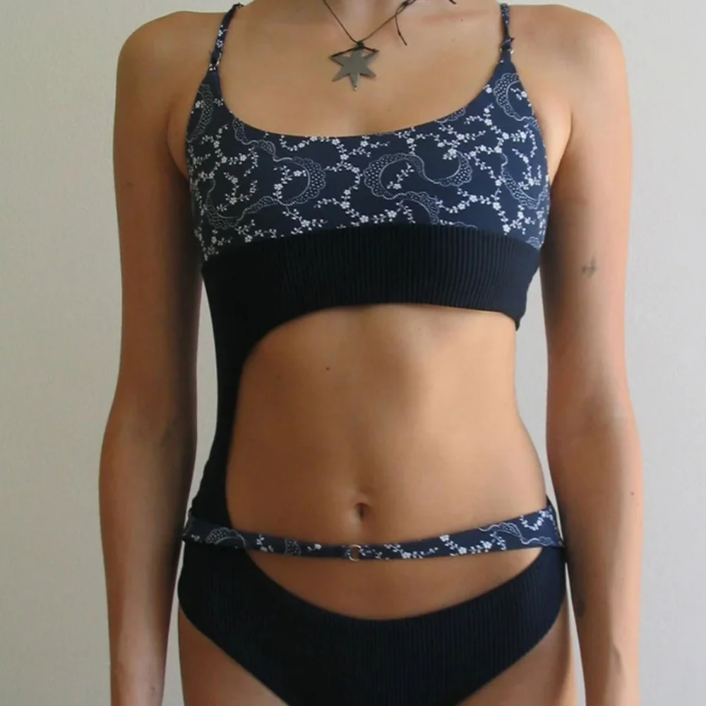 New!Frankie's Bikinis Blue Thea Ribbed One-Piece‎ Swimsuit